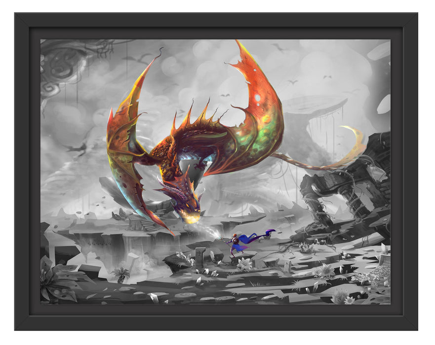Pixxprint Kampf mit feuerspeiendem Drachen B&W Detail, im Schwebe-Effekt Bilderrahmen