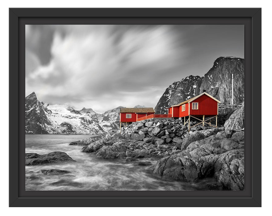 Pixxprint Einsames rotes Haus am Meer in Norwegen B&W Detail, im Schwebe-Effekt Bilderrahmen