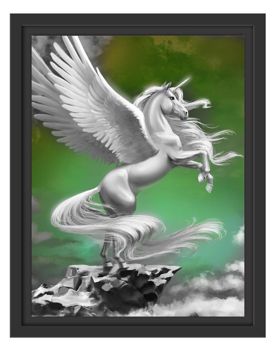 Pixxprint Geflügeltes Einhorn auf Felsen B&W Detail, im Schwebe-Effekt Bilderrahmen