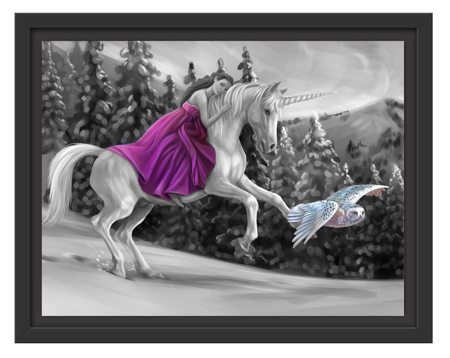 Pixxprint Mädchen reitet auf Einhorn im Winter B&W Detail, im Schwebe-Effekt Bilderrahmen