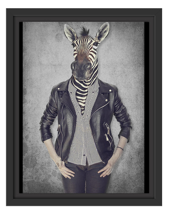 Pixxprint Zebrakopf Menschenkörper mit Lederjacke B&W Detail, im Schwebe-Effekt Bilderrahmen