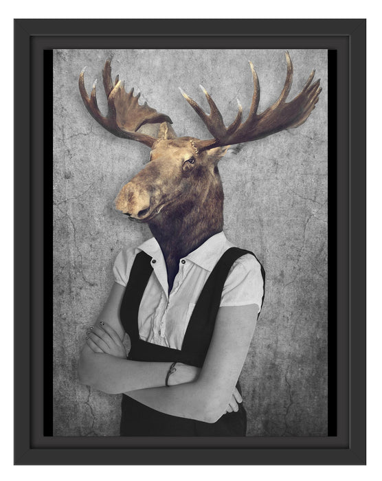 Pixxprint Elchkopf mit Menschenkörper B&W Detail, im Schwebe-Effekt Bilderrahmen