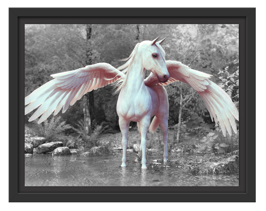 Pixxprint Pegasus im Fluss eines Herbstwaldes B&W Detail, im Schwebe-Effekt Bilderrahmen