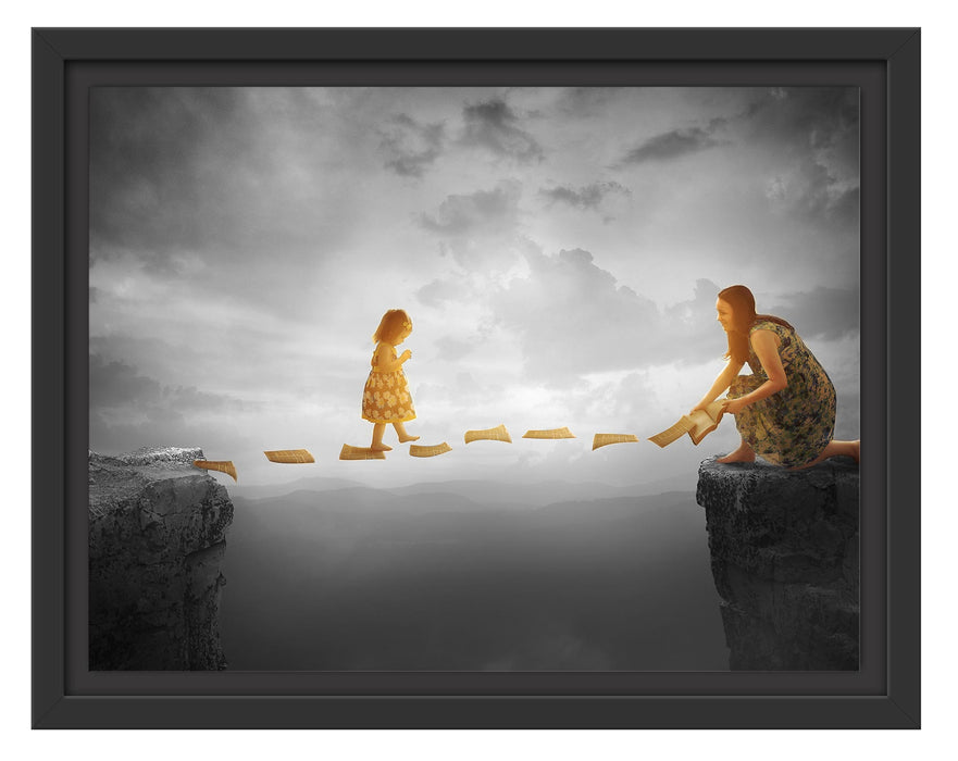 Pixxprint Kind läuft auf Papier über Abgrund B&W Detail, im Schwebe-Effekt Bilderrahmen