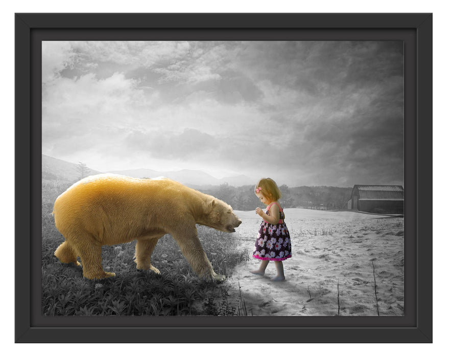 Pixxprint Eisbär im Sommer und Mädchen im Winter B&W Detail, im Schwebe-Effekt Bilderrahmen