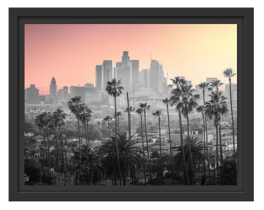 Pixxprint Palmen vor Skyline von Los Angeles B&W Detail, im Schwebe-Effekt Bilderrahmen