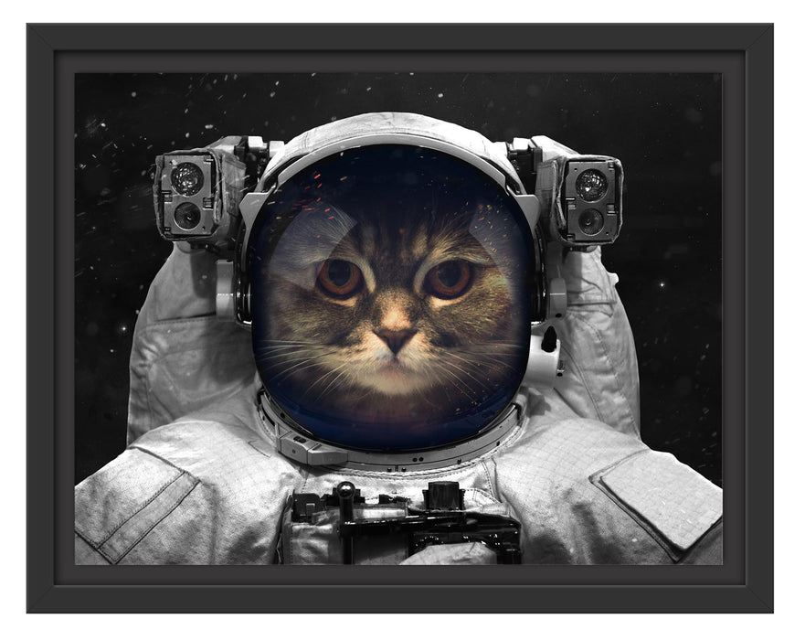 Pixxprint Astronautenkatze im Weltraum B&W Detail, im Schwebe-Effekt Bilderrahmen