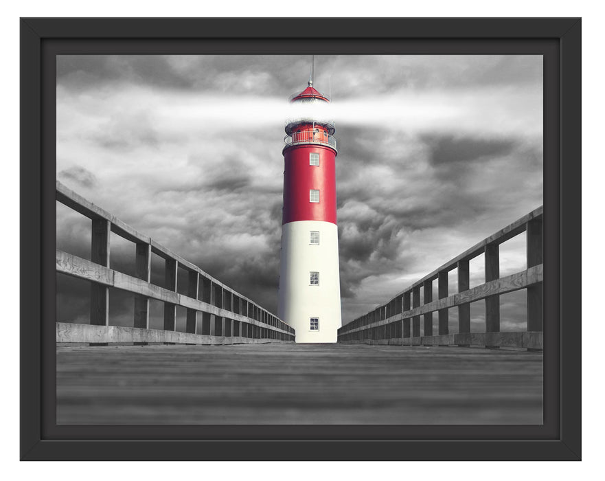 Pixxprint Leuchtturm am Ende eines Stegs B&W Detail, im Schwebe-Effekt Bilderrahmen