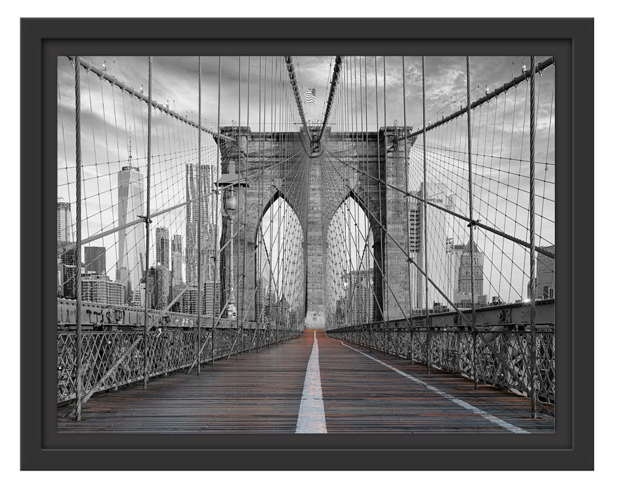 Pixxprint Leere Brooklyn Bridge in New York City B&W Detail, im Schwebe-Effekt Bilderrahmen