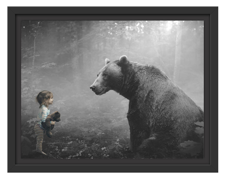 Pixxprint Mädchen mit Teddy und Bär im Wald B&W Detail, im Schwebe-Effekt Bilderrahmen