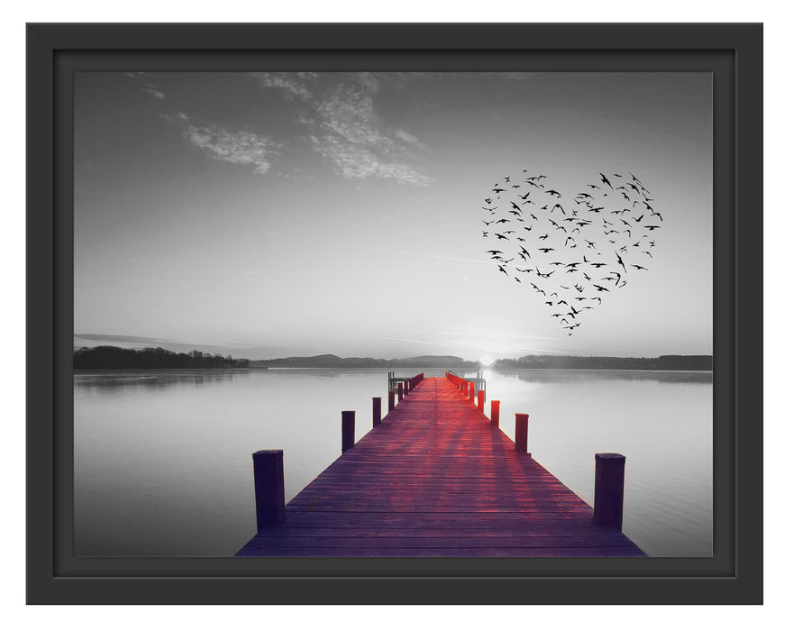 Pixxprint Steg mit Vogelschwarm in Herzform B&W Detail, im Schwebe-Effekt Bilderrahmen