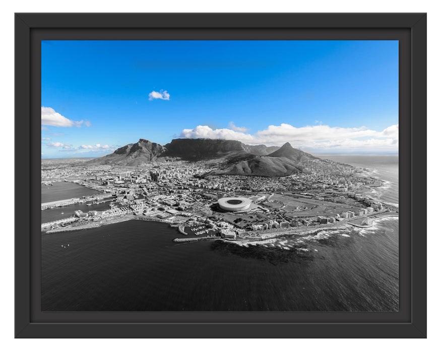Pixxprint Luftaufnahme von Kapstadt B&W Detail, im Schwebe-Effekt Bilderrahmen