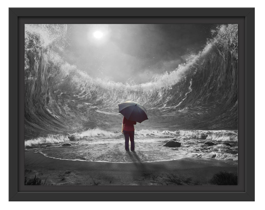 Pixxprint Hohe Wellen um Menschen mit Regenschirm B&W Detail, im Schwebe-Effekt Bilderrahmen