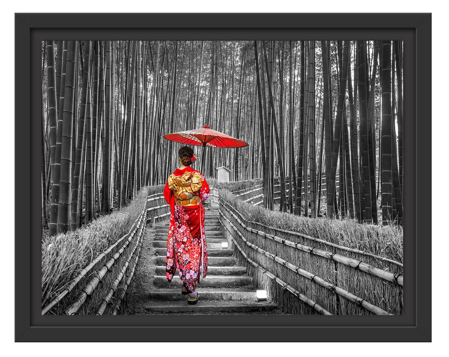 Pixxprint Frau im janapischen Kimono im Bambuswald B&W Detail, im Schwebe-Effekt Bilderrahmen