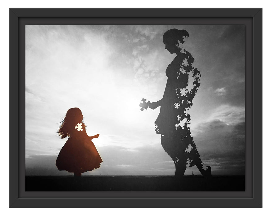 Pixxprint Silhouette Puzzle Mutter und Kind B&W Detail, im Schwebe-Effekt Bilderrahmen