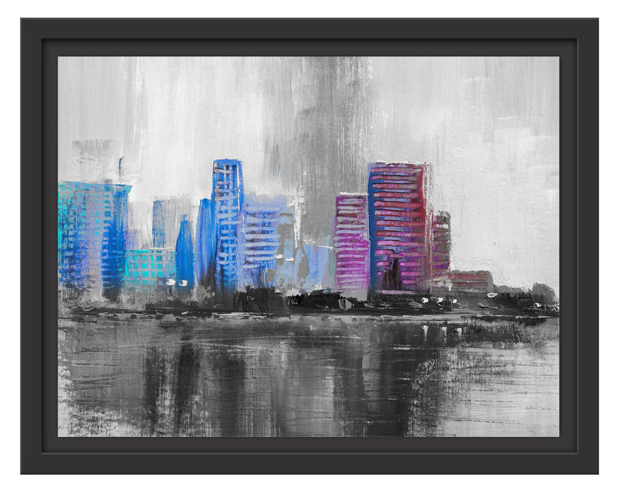 Pixxprint Abstraktes Ölgemälde einer Skyline B&W Detail, im Schwebe-Effekt Bilderrahmen
