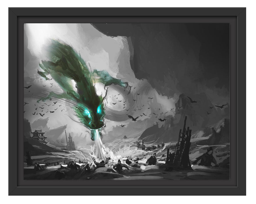 Pixxprint Böser Wasserdrache greift Dorf an B&W Detail, im Schwebe-Effekt Bilderrahmen