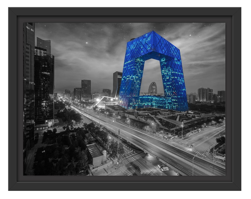 Pixxprint Straßenlichter bei Nacht in Peking B&W Detail, im Schwebe-Effekt Bilderrahmen