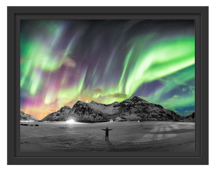 Pixxprint Polarlichter über den Bergen bei Nacht B&W Detail, im Schwebe-Effekt Bilderrahmen
