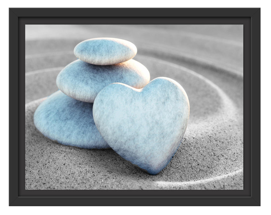 Pixxprint Steinturm mit Herz in Sandwellen B&W Detail, im Schwebe-Effekt Bilderrahmen