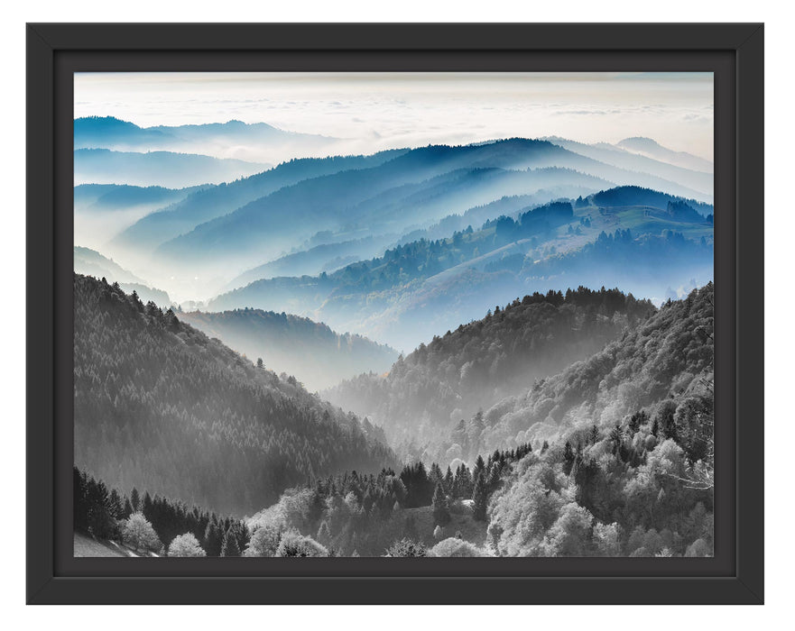 Pixxprint Nebelige Berglandschaft im Herbst B&W Detail, im Schwebe-Effekt Bilderrahmen