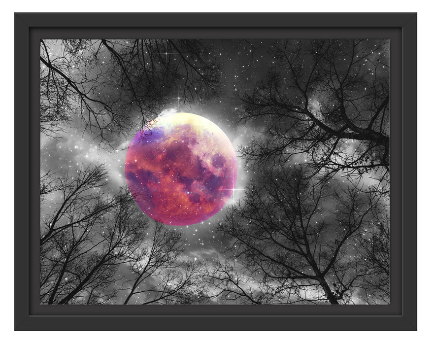 Pixxprint Farbenvolle Sternennacht bei Vollmond B&W Detail, im Schwebe-Effekt Bilderrahmen