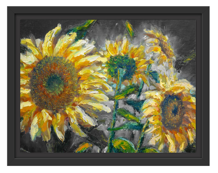 Pixxprint Sonnenblumen vor blauem Hintergrund B&W Detail, im Schwebe-Effekt Bilderrahmen