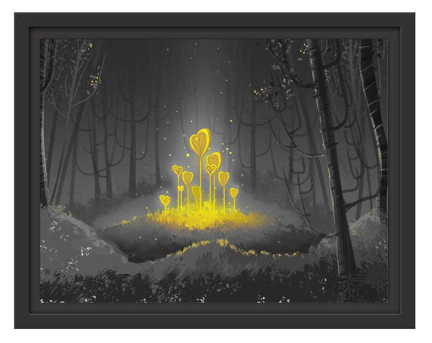 Pixxprint Leuchtende Zauberblumen im Wald B&W Detail, im Schwebe-Effekt Bilderrahmen