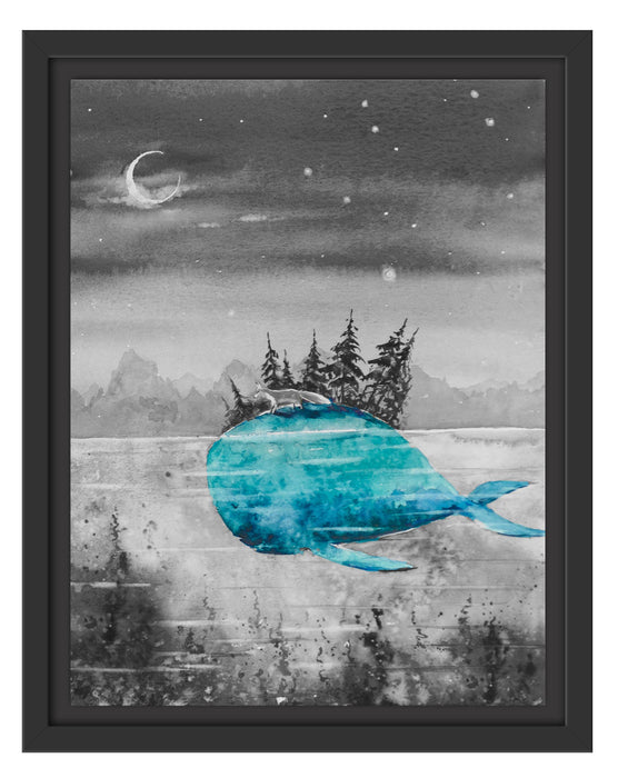 Pixxprint Fuchs reitet auf Wal bei Nacht B&W Detail, im Schwebe-Effekt Bilderrahmen