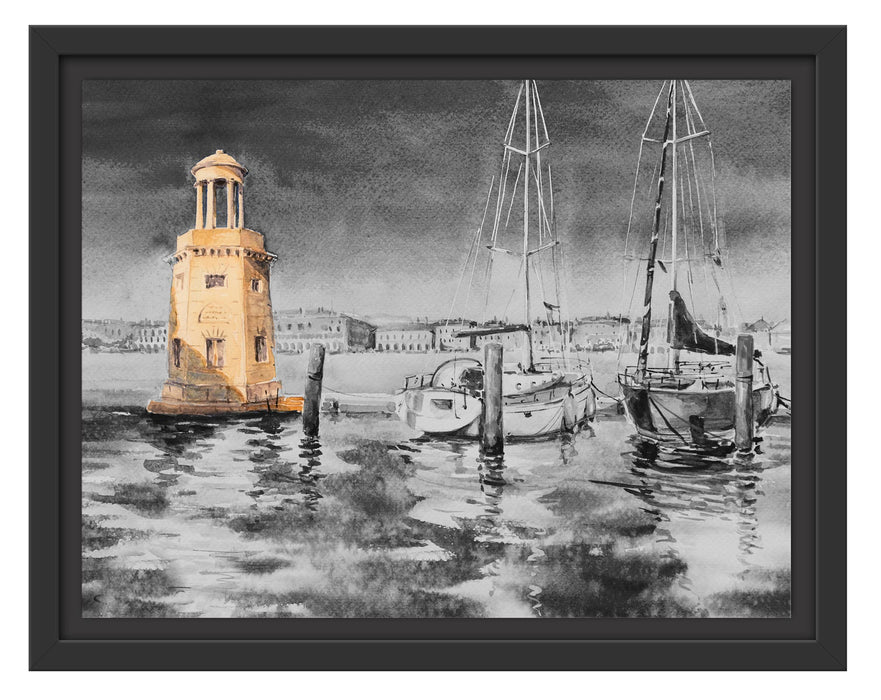 Pixxprint Segelschiffe im Hafen Venedigs B&W Detail, im Schwebe-Effekt Bilderrahmen