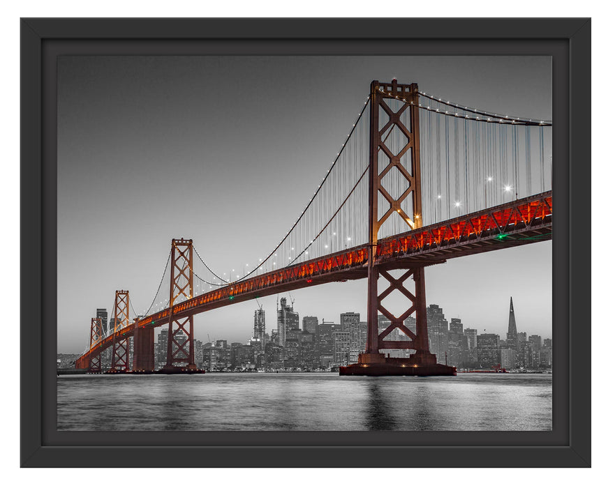 Pixxprint Oakland Bay Brücke bei Sonnenuntergang B&W Detail, im Schwebe-Effekt Bilderrahmen