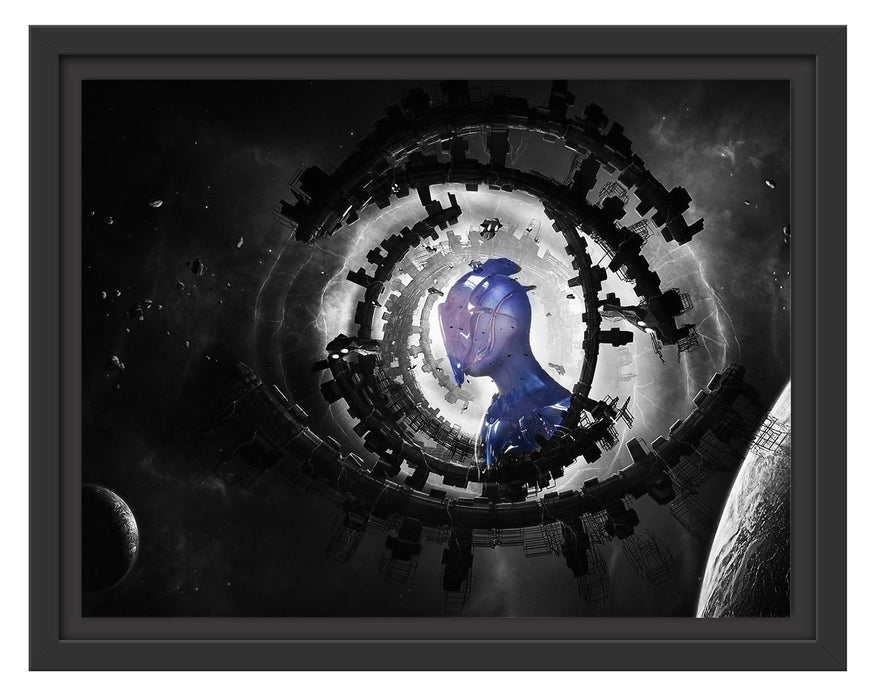 Pixxprint Abstraktes Auge mit Alien im Weltraum B&W Detail, im Schwebe-Effekt Bilderrahmen