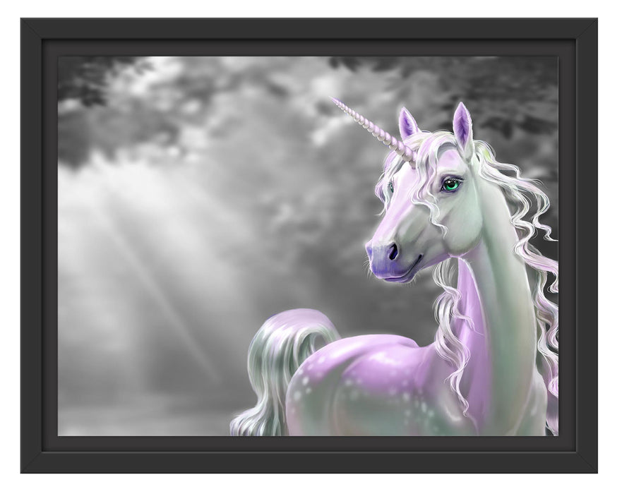 Pixxprint Magisches Einhorn im Zauberwald B&W Detail, im Schwebe-Effekt Bilderrahmen