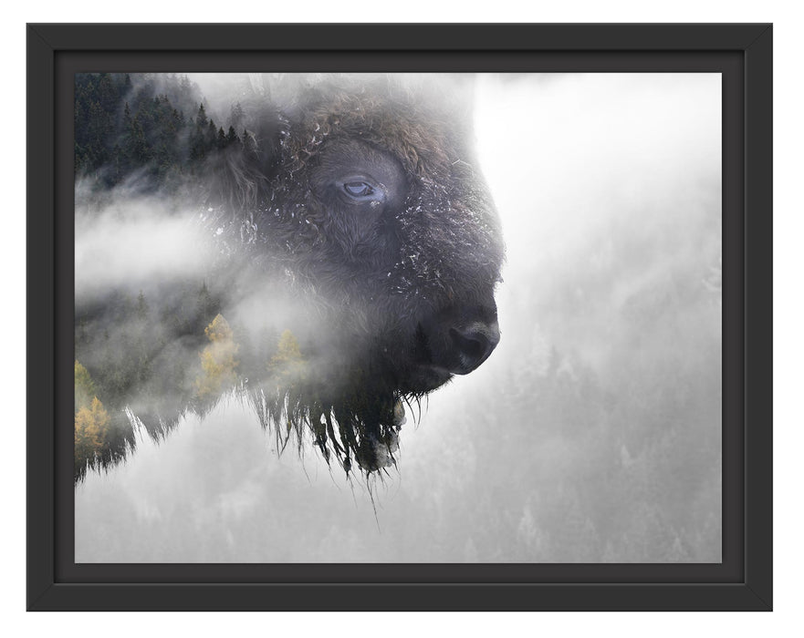 Pixxprint Wildes Bison in nebeligem Wald B&W Detail, im Schwebe-Effekt Bilderrahmen