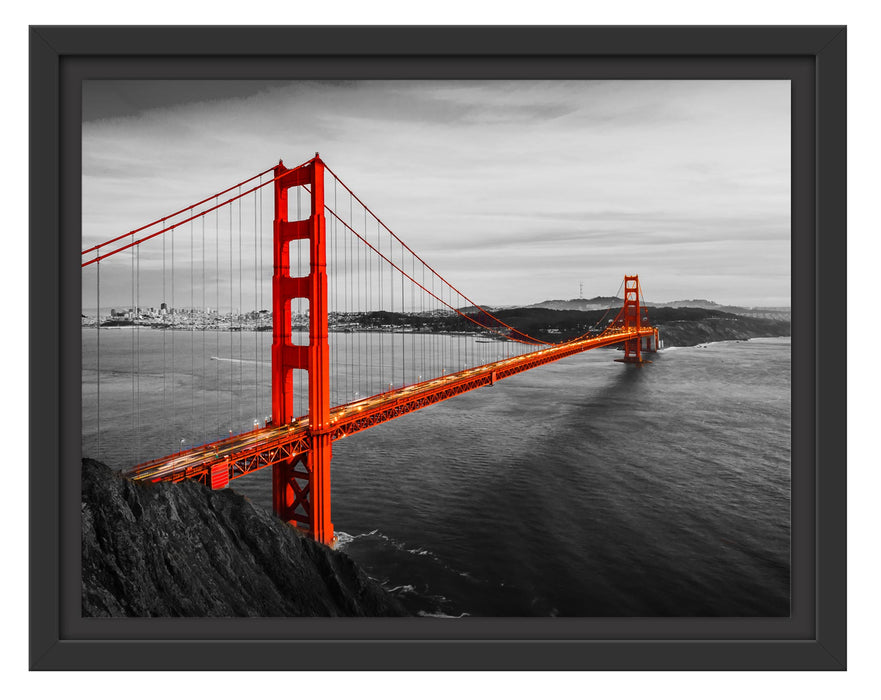 Pixxprint Golden Gate Bridge bei Sonnenuntergang B&W Detail, im Schwebe-Effekt Bilderrahmen