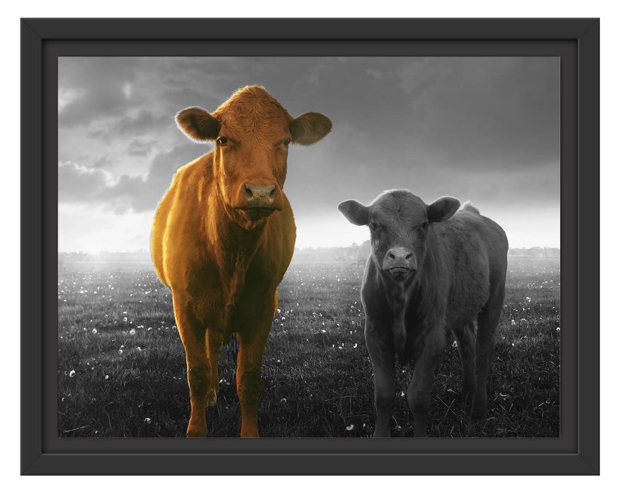 Pixxprint Kuh und Kalb im Sonnenuntergang auf Wiese B&W Detail, im Schwebe-Effekt Bilderrahmen
