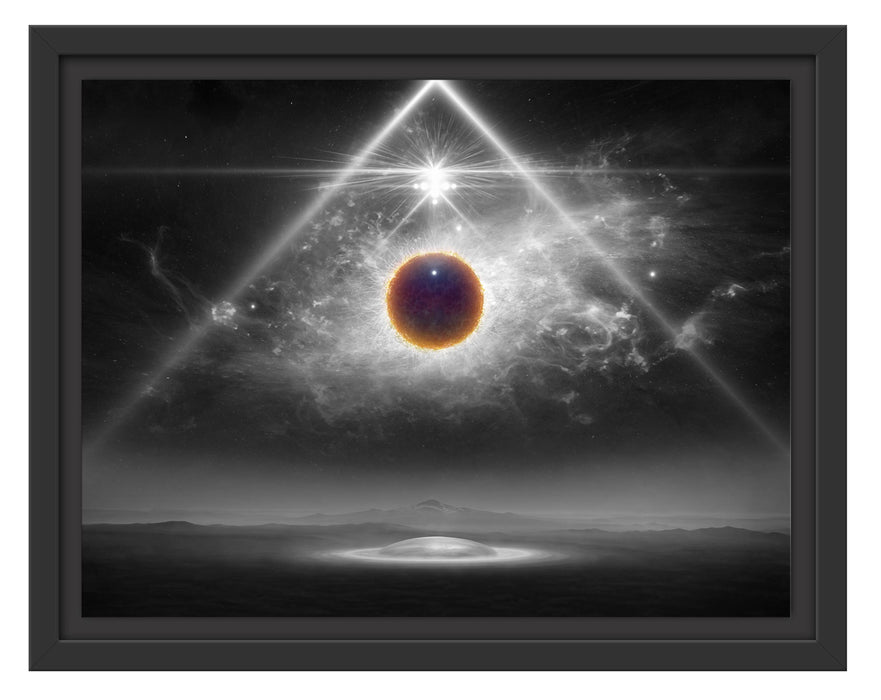 Pixxprint Science Fiction Collage Planeten im Weltraum B&W Detail, im Schwebe-Effekt Bilderrahmen