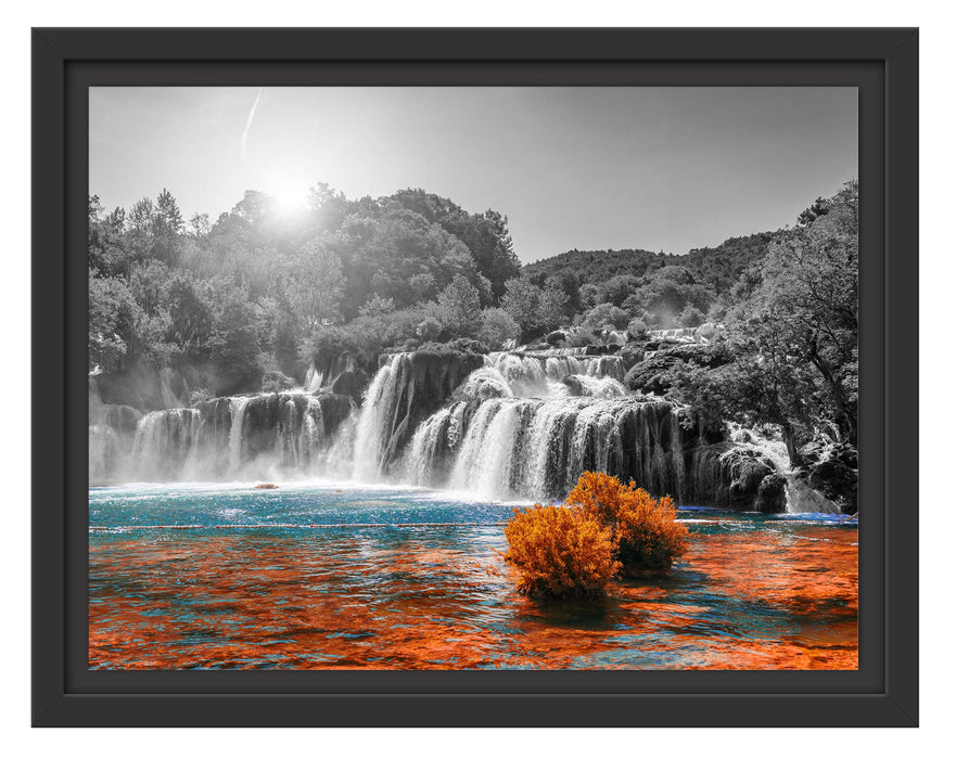 Pixxprint Wasserfälle im Herbst bei Sonnenuntergang B&W Detail, im Schwebe-Effekt Bilderrahmen