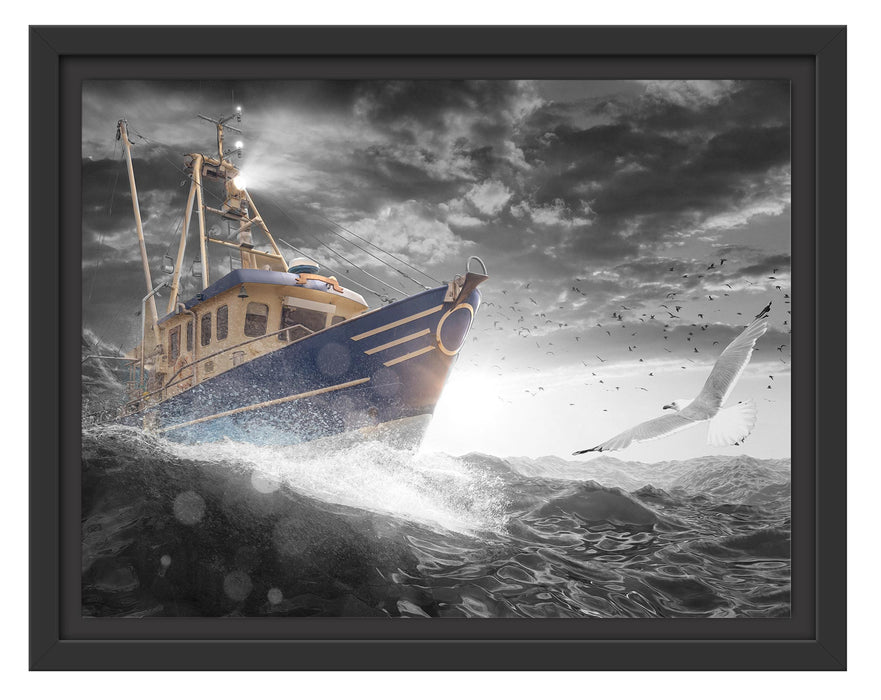 Pixxprint Fischerboot im Sturm auf hoher See B&W Detail, im Schwebe-Effekt Bilderrahmen