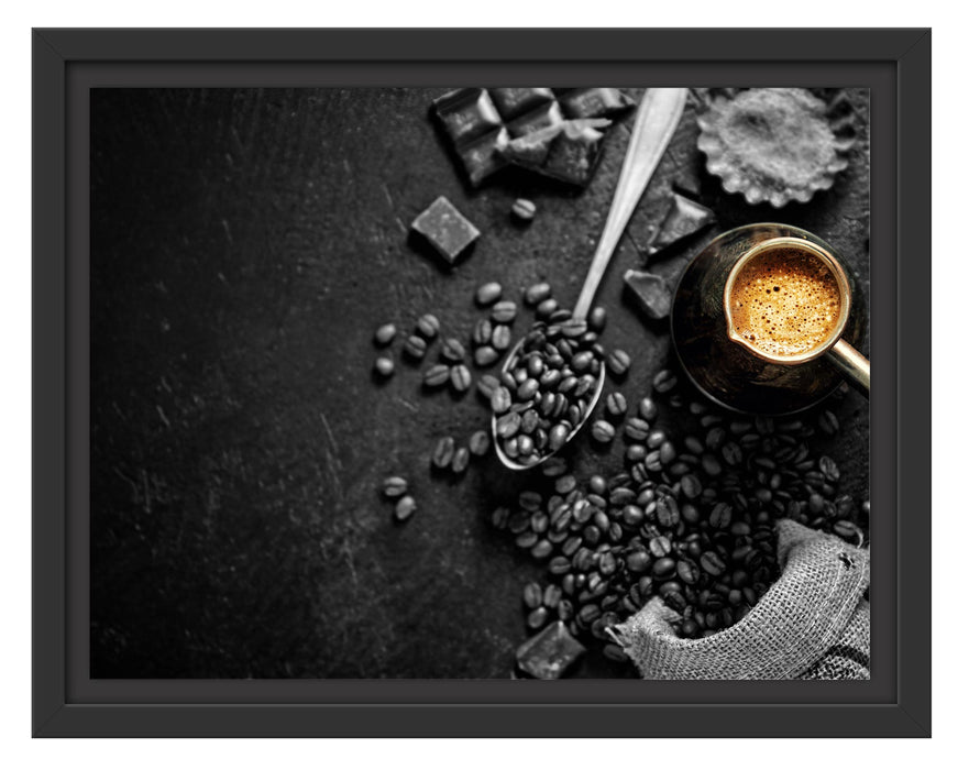 Pixxprint Kaffeebohnen und Schokolade von oben B&W Detail, im Schwebe-Effekt Bilderrahmen