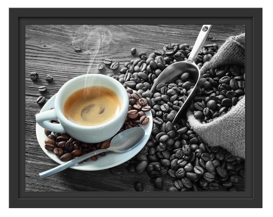 Pixxprint Espressotasse mit Kaffeebohnen B&W Detail, im Schwebe-Effekt Bilderrahmen