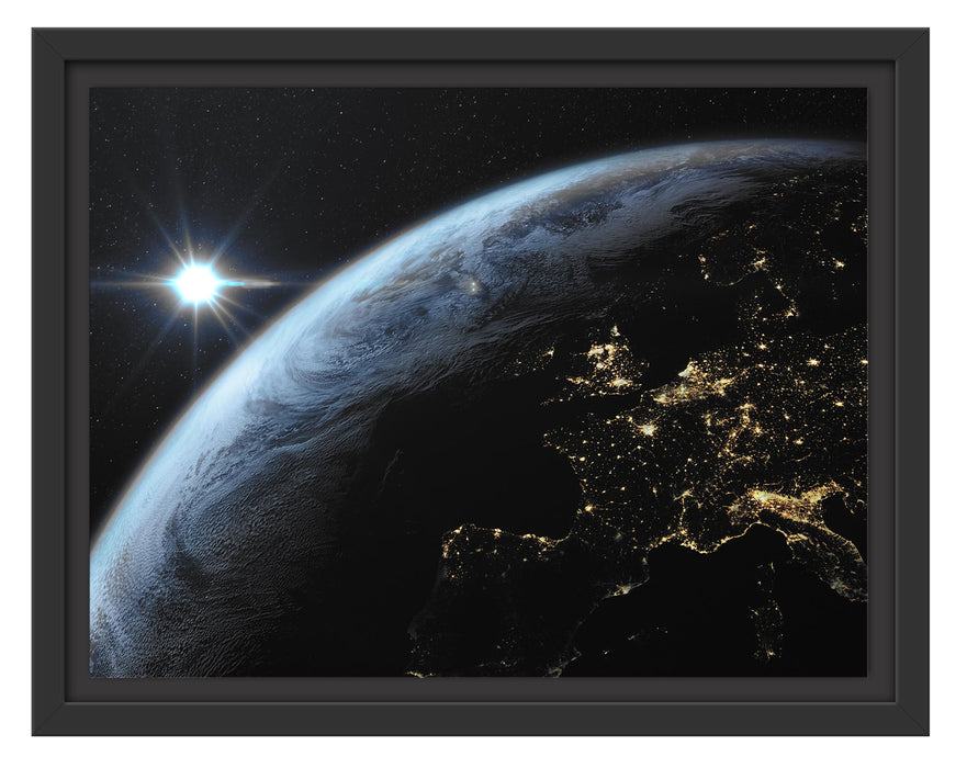 Pixxprint Erdkugel im All mit Lichtern B&W Detail, im Schwebe-Effekt Bilderrahmen
