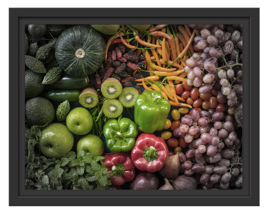 Pixxprint Verschiedene bunte Früchte von oben B&W Detail, im Schwebe-Effekt Bilderrahmen