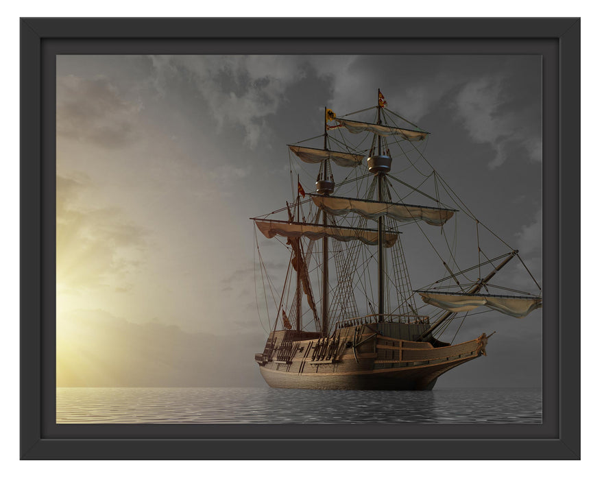 Pixxprint Großes Segelschiff im Sonnenuntergang B&W Detail, im Schwebe-Effekt Bilderrahmen