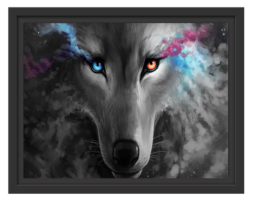 Pixxprint Abstrakter Wolf mit rauchenden Augen B&W Detail, im Schwebe-Effekt Bilderrahmen