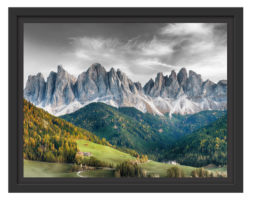 Pixxprint Bunte Waldlandschaft vor den Dolomiten B&W Detail, im Schwebe-Effekt Bilderrahmen