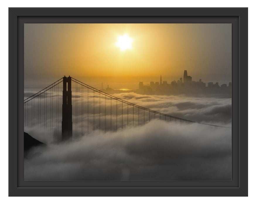 Pixxprint Golden Gate Bridge im Sonnenaufgang B&W Detail, im Schwebe-Effekt Bilderrahmen