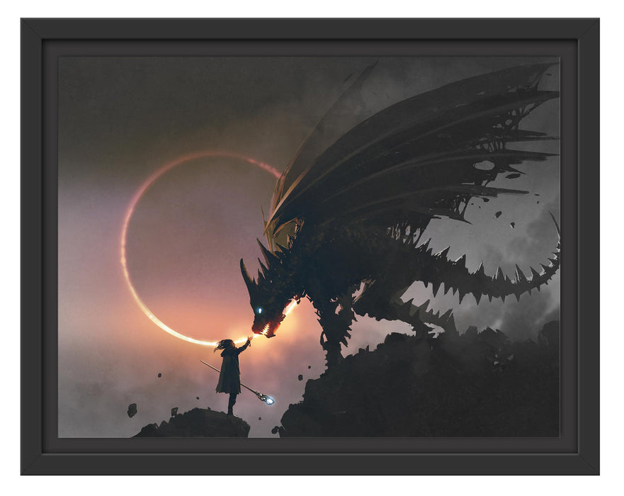 Pixxprint Zauberer und Drache bei Sonnenfinsternis B&W Detail, im Schwebe-Effekt Bilderrahmen