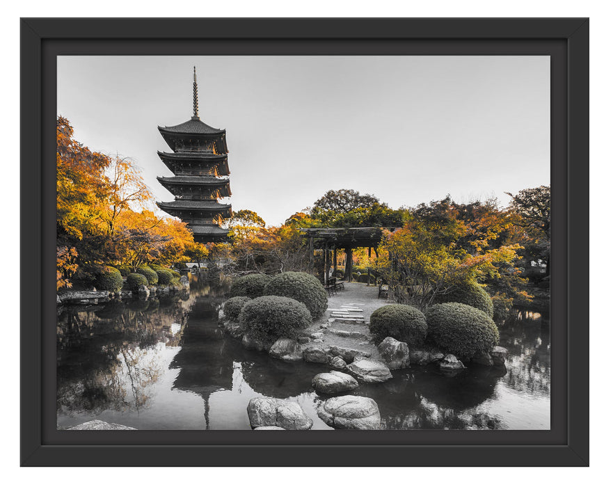 Pixxprint See im Herbst vor japanischem Tempel B&W Detail, im Schwebe-Effekt Bilderrahmen