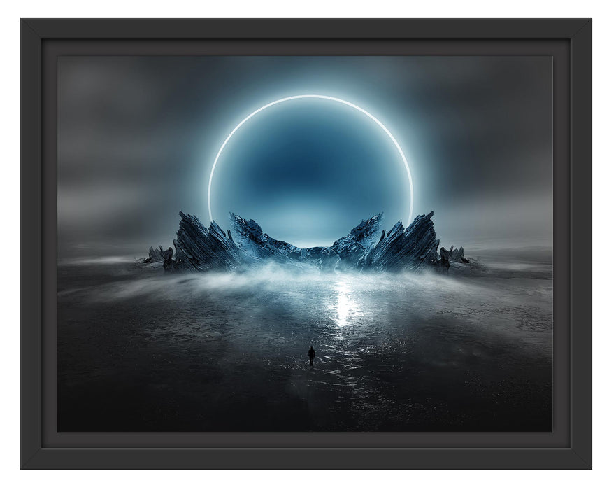 Pixxprint Abstrakter Mond hinter Felsformation B&W Detail, im Schwebe-Effekt Bilderrahmen